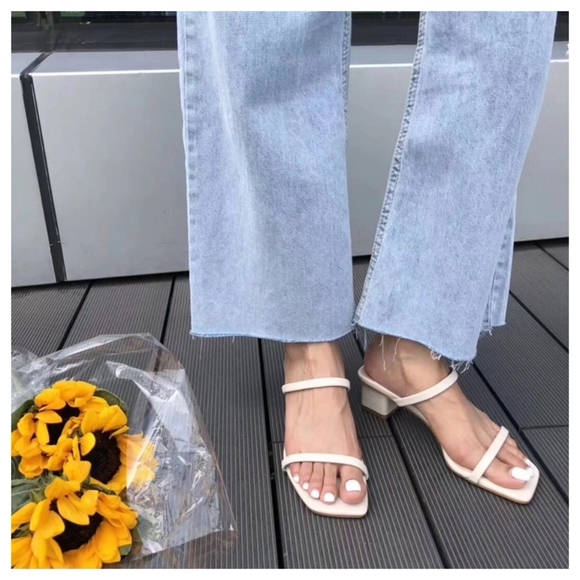 Shoes - Thin strap beige block heel sandals